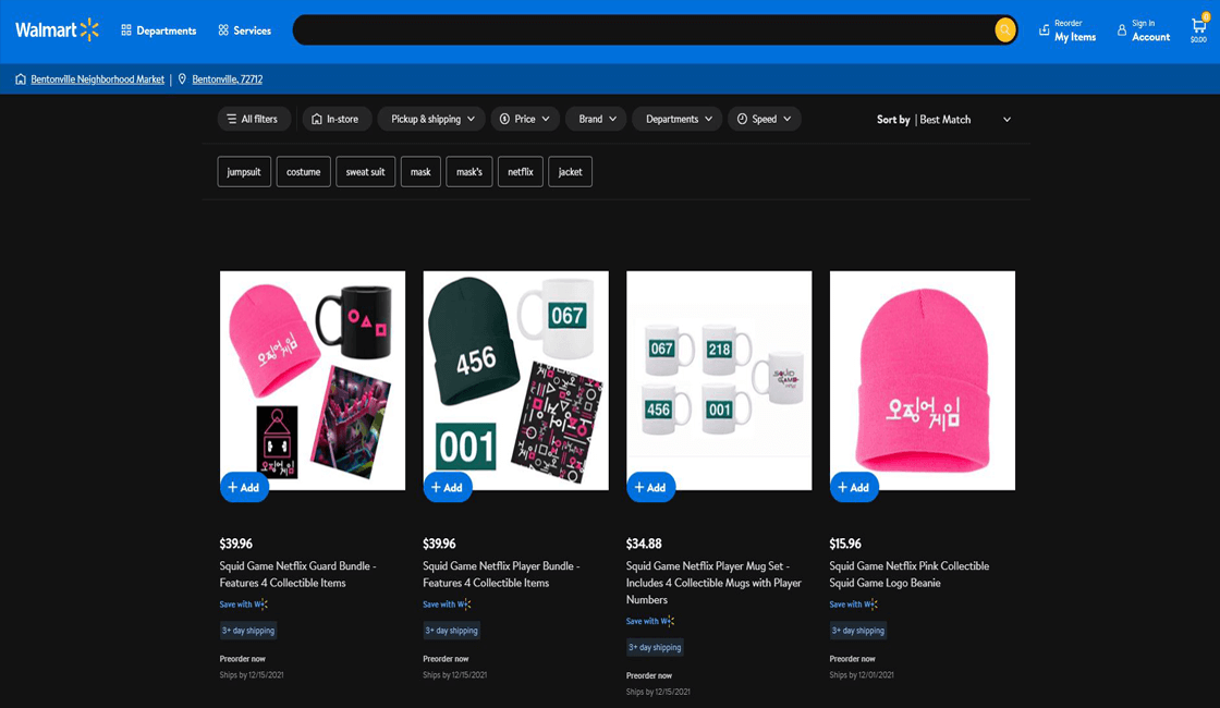 Pagina web de Netflix y Walmart de productos squid game